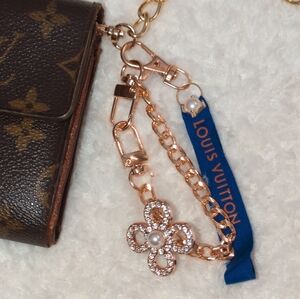 Louis Vuitton Blue Ribbon Keychain with Gold and Pearl Flower Charm